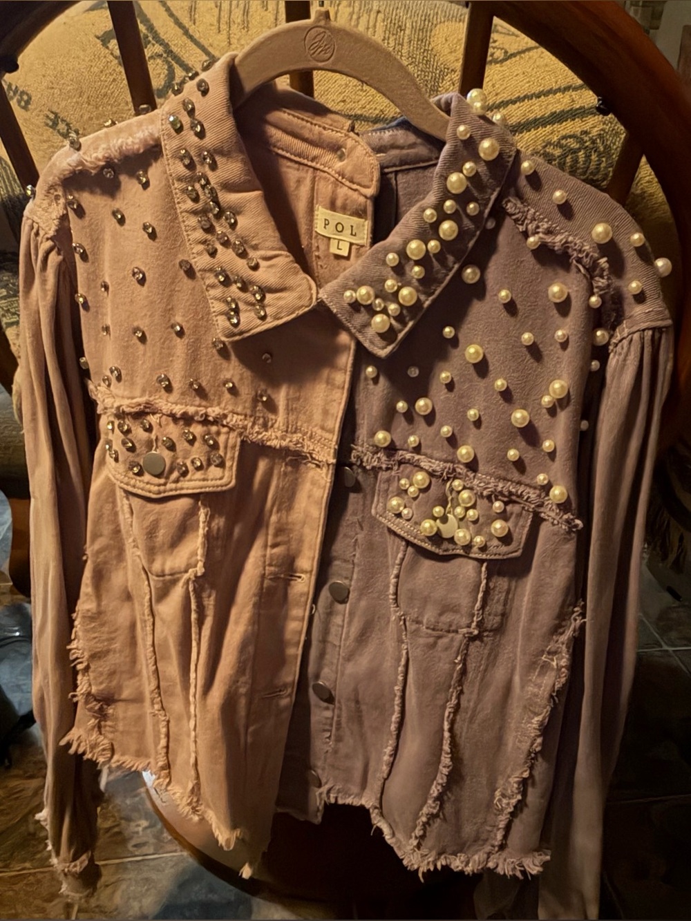 NWOT POL Two-Tone Stud & Pearl Jean Jacket or Shacket Purple and Mauve L